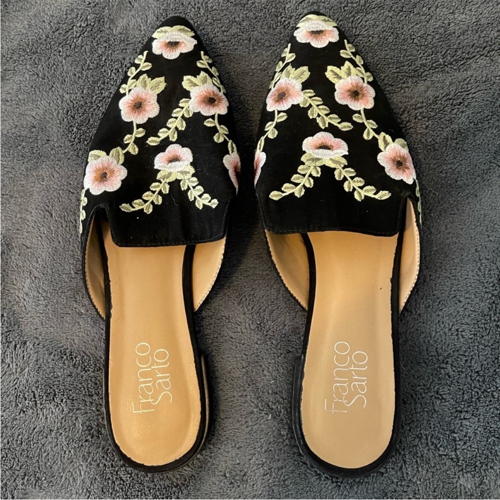 Franco Sarto Black and Pink Floral Mules